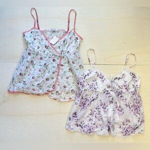 VTG Charlotte Russe Floral Cotton Cami Top Lot Lace Trim Adjustable Straps Sz L
